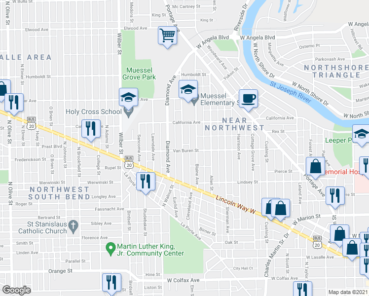 map of restaurants, bars, coffee shops, grocery stores, and more near 1219 Van Buren Street in South Bend