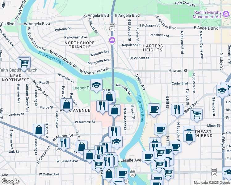 map of restaurants, bars, coffee shops, grocery stores, and more near 830 North Michigan Street in South Bend