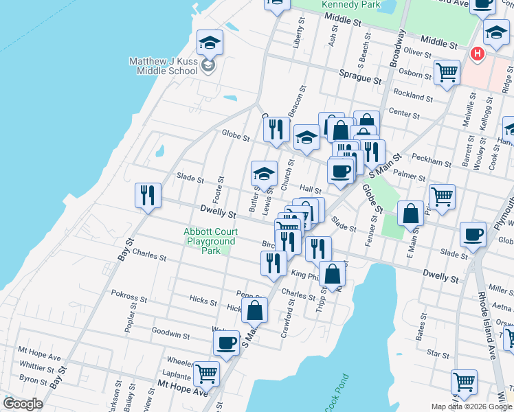 map of restaurants, bars, coffee shops, grocery stores, and more near 195 Butler Street in Fall River