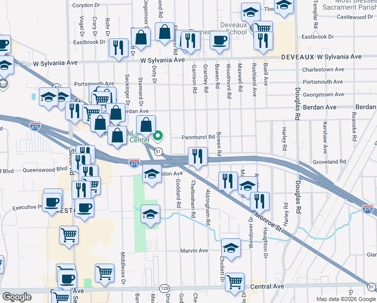 map of restaurants, bars, coffee shops, grocery stores, and more near 3642 Elmhurst Road in Toledo