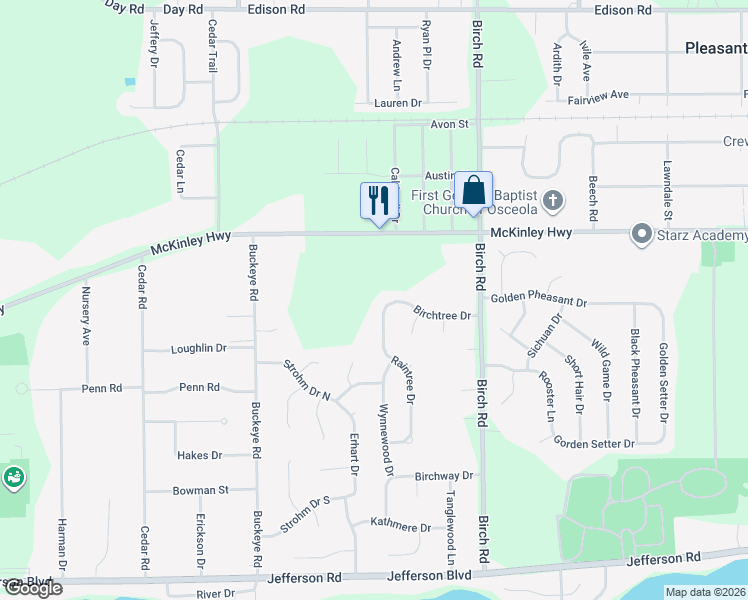 map of restaurants, bars, coffee shops, grocery stores, and more near 11400-11498 Birchtree Dr in Osceola