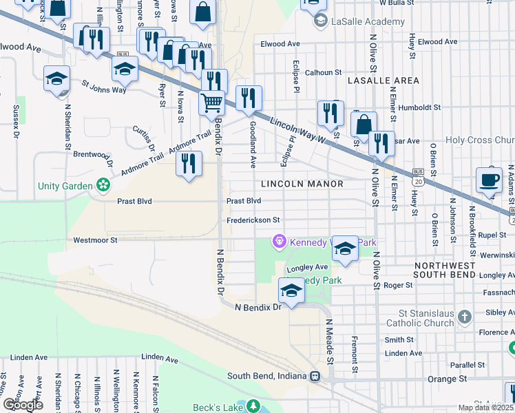 map of restaurants, bars, coffee shops, grocery stores, and more near 2905 Prast Boulevard in South Bend