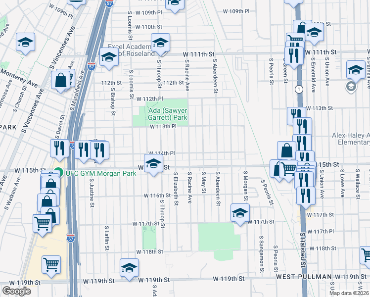 map of restaurants, bars, coffee shops, grocery stores, and more near 11406 South Racine Avenue in Chicago