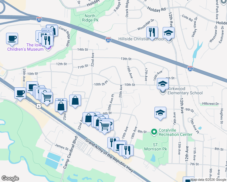 map of restaurants, bars, coffee shops, grocery stores, and more near 1704 21st Avenue Place in Coralville