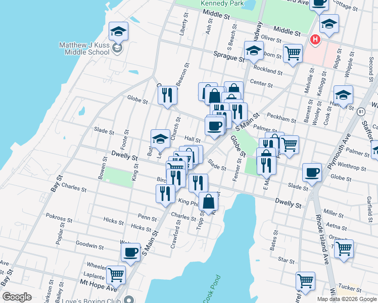 map of restaurants, bars, coffee shops, grocery stores, and more near 649 Slade Street in Fall River