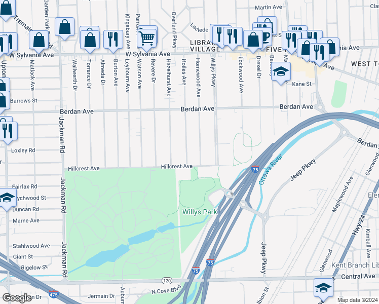 map of restaurants, bars, coffee shops, grocery stores, and more near 3530 Hoiles Avenue in Toledo
