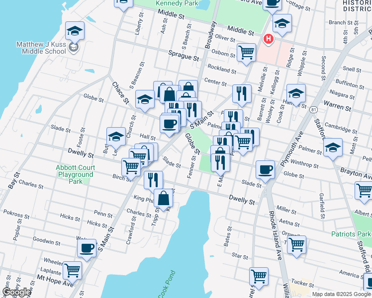 map of restaurants, bars, coffee shops, grocery stores, and more near 615 Globe Street in Fall River