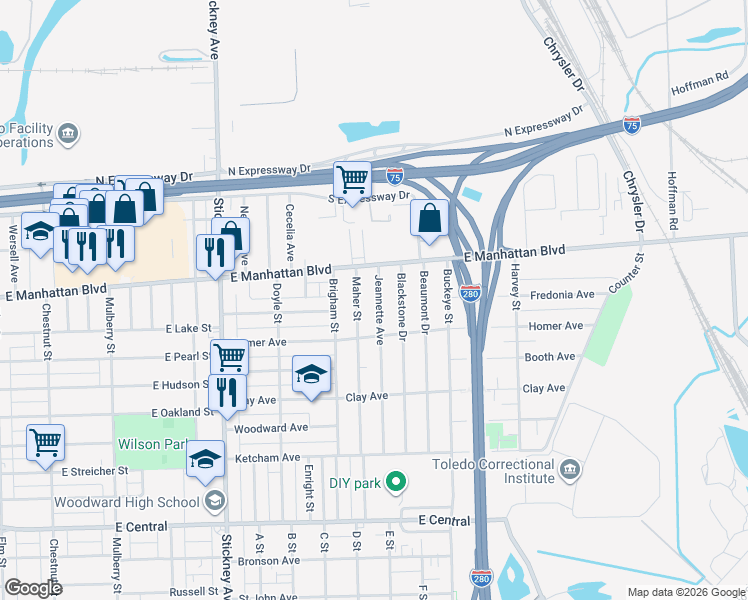 map of restaurants, bars, coffee shops, grocery stores, and more near 3452 Jeannette Avenue in Toledo