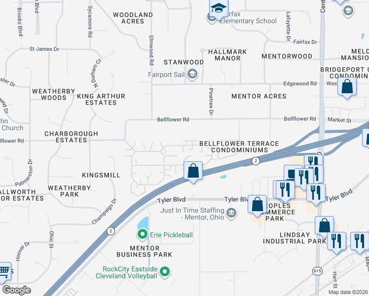 map of restaurants, bars, coffee shops, grocery stores, and more near 8078 Independence Drive in Mentor
