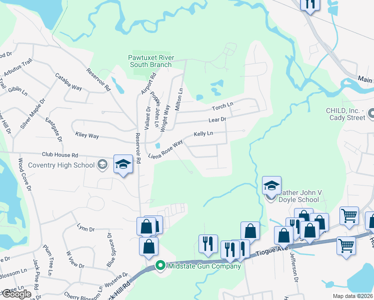 map of restaurants, bars, coffee shops, grocery stores, and more near 13 Liena Rose Way in Coventry
