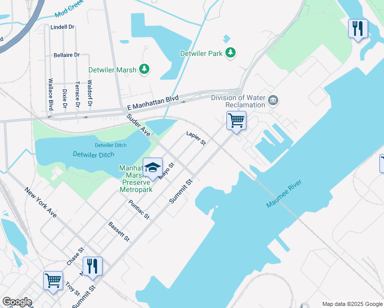 map of restaurants, bars, coffee shops, grocery stores, and more near 3523 Mayo Street in Toledo