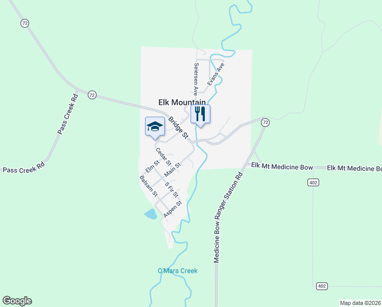 map of restaurants, bars, coffee shops, grocery stores, and more near 104 Bridge Street in Elk Mountain