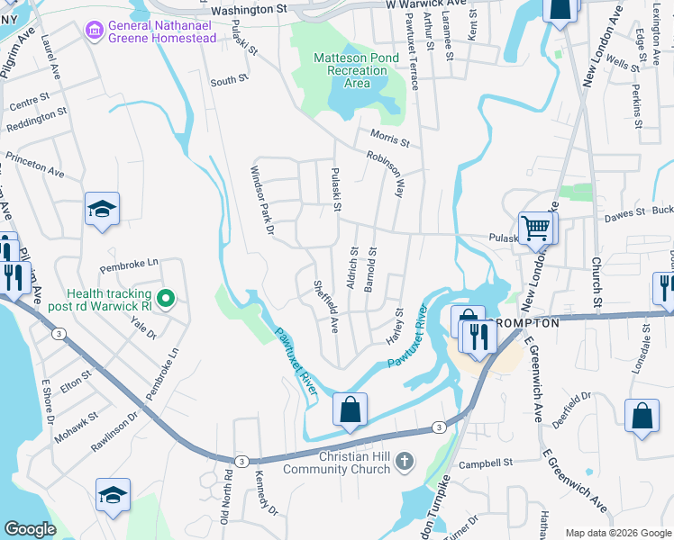 map of restaurants, bars, coffee shops, grocery stores, and more near 31 Aldrich Street in West Warwick