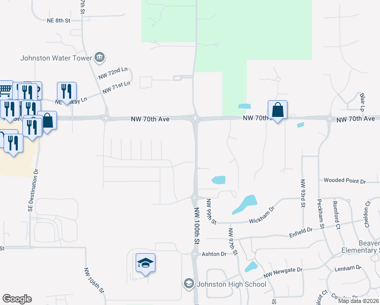 map of restaurants, bars, coffee shops, grocery stores, and more near 6908 Northwest 100th Street in Johnston