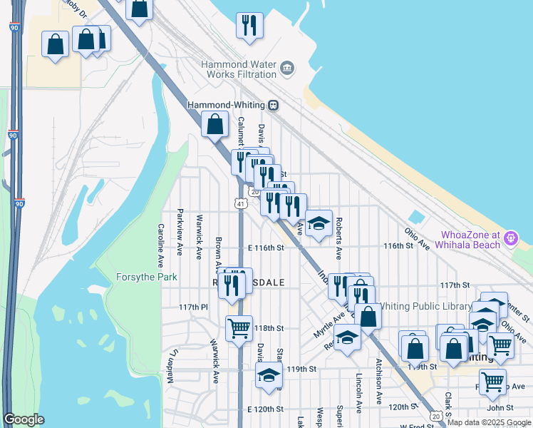 map of restaurants, bars, coffee shops, grocery stores, and more near 1454 U.S. 12 in Whiting