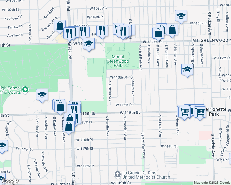 map of restaurants, bars, coffee shops, grocery stores, and more near 11340 South Ridgeway Avenue in Chicago