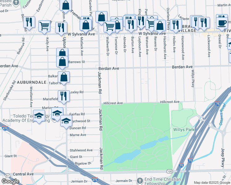 map of restaurants, bars, coffee shops, grocery stores, and more near 3537 Torrance Drive in Toledo