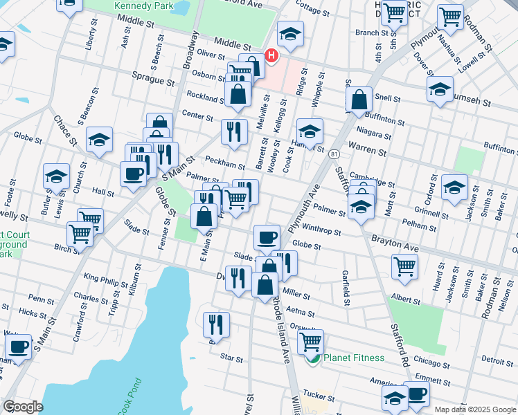 map of restaurants, bars, coffee shops, grocery stores, and more near 132 Vale Street in Fall River