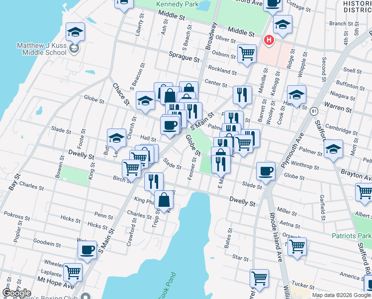 map of restaurants, bars, coffee shops, grocery stores, and more near 615 Globe Street in Fall River
