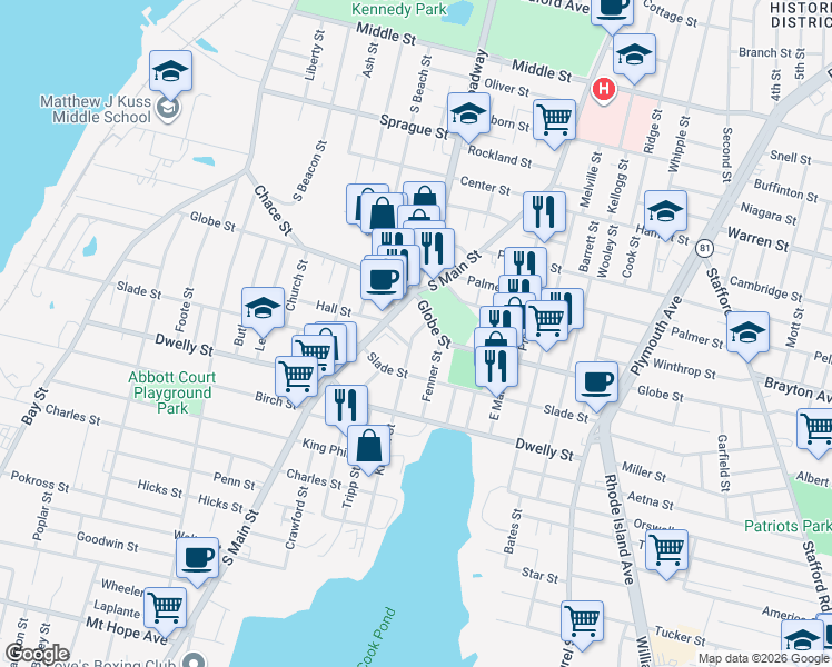 map of restaurants, bars, coffee shops, grocery stores, and more near 615 Globe Street in Fall River