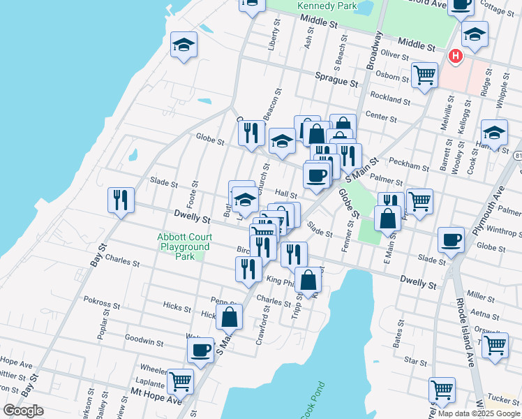 map of restaurants, bars, coffee shops, grocery stores, and more near 151 Church Street in Fall River