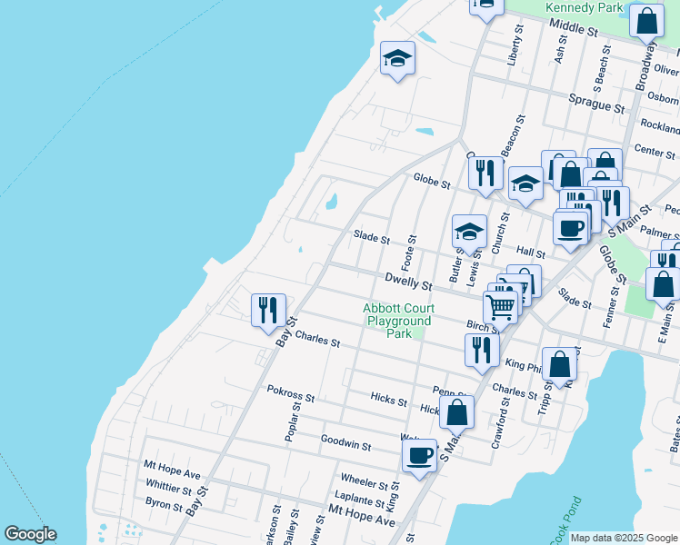 map of restaurants, bars, coffee shops, grocery stores, and more near 185 Dwelly Street in Fall River
