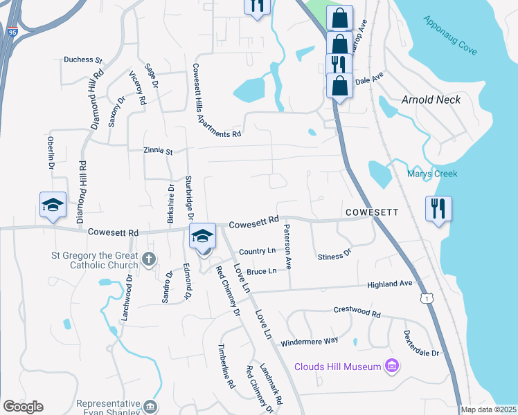 map of restaurants, bars, coffee shops, grocery stores, and more near 197 Cowesett Road in Warwick