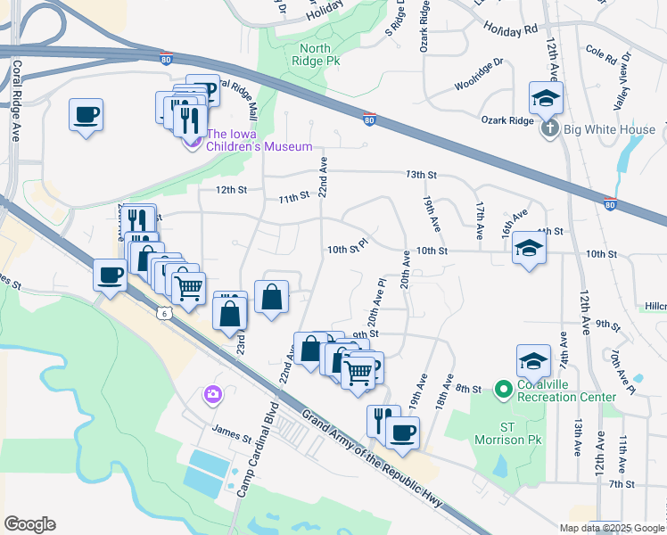 map of restaurants, bars, coffee shops, grocery stores, and more near 2126 10th Street Place in Coralville