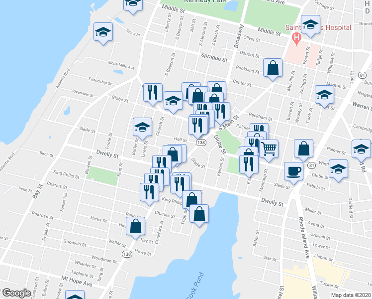 map of restaurants, bars, coffee shops, grocery stores, and more near 141 Hall Street in Fall River
