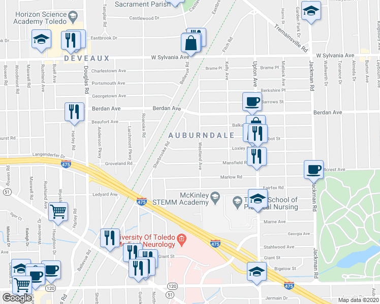 map of restaurants, bars, coffee shops, grocery stores, and more near 2121 Loxley Road in Toledo