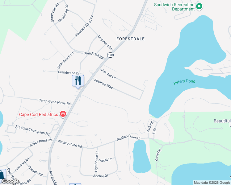 map of restaurants, bars, coffee shops, grocery stores, and more near 16 Jeannes Way in Sandwich