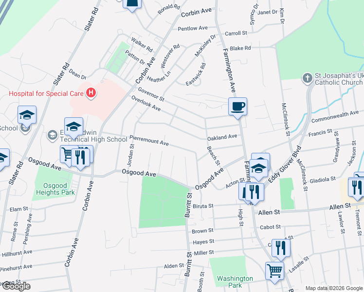 map of restaurants, bars, coffee shops, grocery stores, and more near 120 Oakland Avenue in New Britain