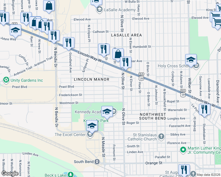 map of restaurants, bars, coffee shops, grocery stores, and more near 2521 Prast Boulevard in South Bend