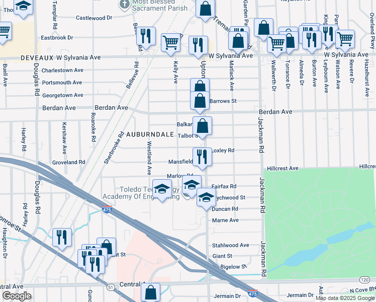 map of restaurants, bars, coffee shops, grocery stores, and more near 1928 Loxley Road in Toledo
