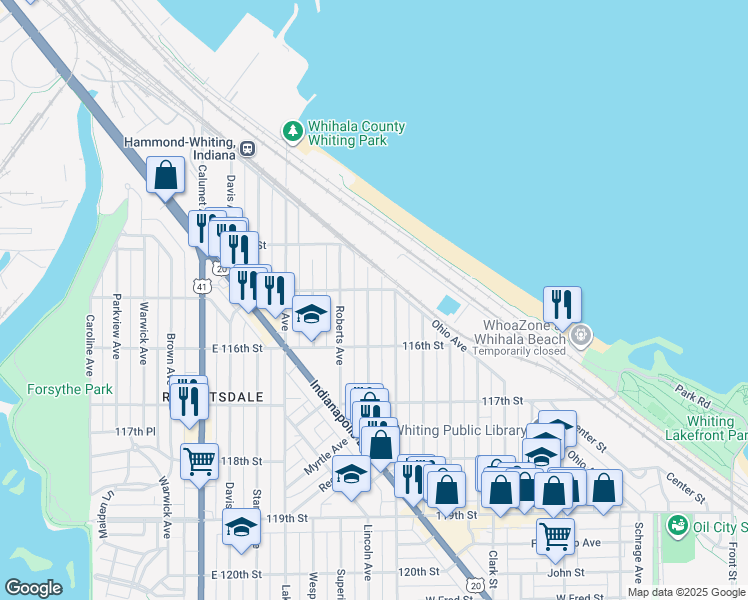 map of restaurants, bars, coffee shops, grocery stores, and more near 1503 Myrtle Avenue in Whiting