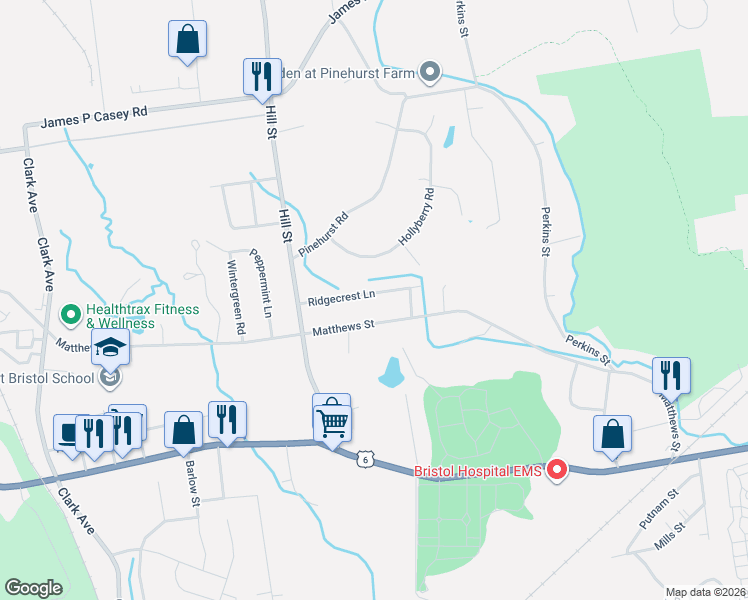 map of restaurants, bars, coffee shops, grocery stores, and more near 86 Ridgecrest Lane in Bristol