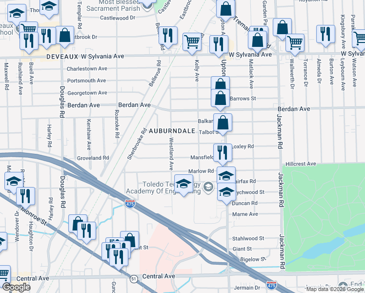 map of restaurants, bars, coffee shops, grocery stores, and more near 2046 Loxley Road in Toledo