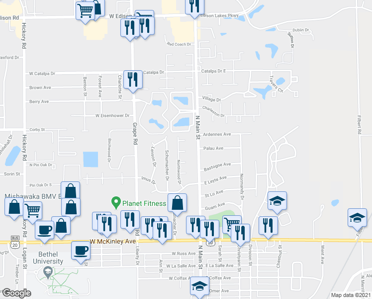 map of restaurants, bars, coffee shops, grocery stores, and more near 114 Woodland Court in Mishawaka