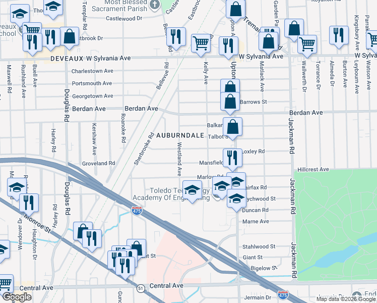 map of restaurants, bars, coffee shops, grocery stores, and more near 2045 Loxley Road in Toledo