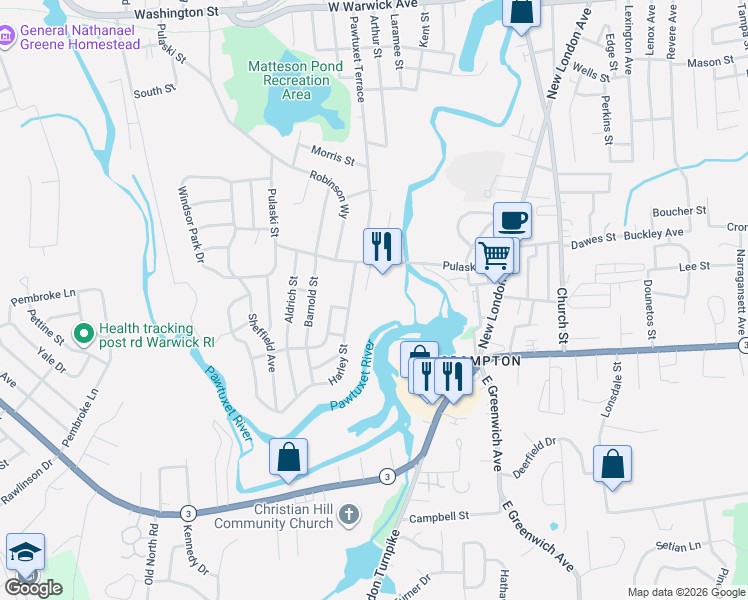 map of restaurants, bars, coffee shops, grocery stores, and more near 100 Pulaski Street in West Warwick