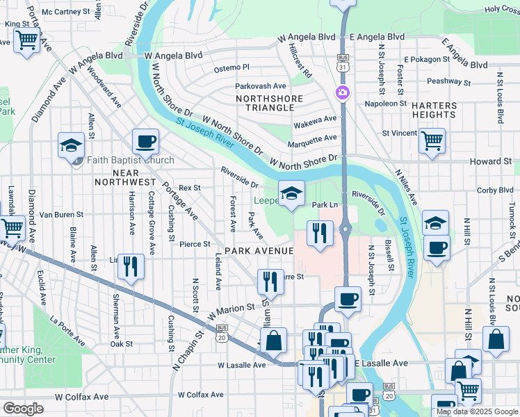 map of restaurants, bars, coffee shops, grocery stores, and more near 834 Park Avenue in South Bend