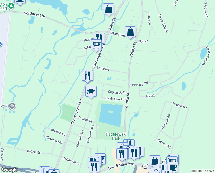 map of restaurants, bars, coffee shops, grocery stores, and more near 53 Plum Tree Road in Plainville