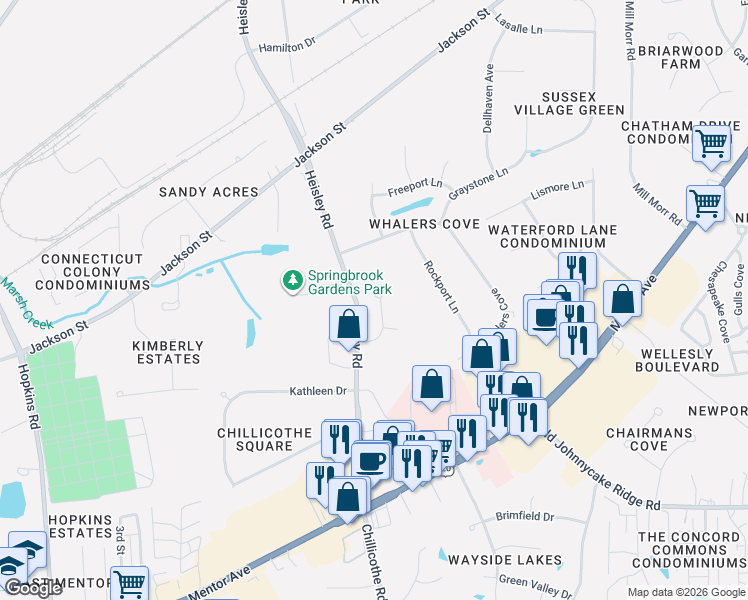 map of restaurants, bars, coffee shops, grocery stores, and more near 6762 Perennial Lane in Mentor