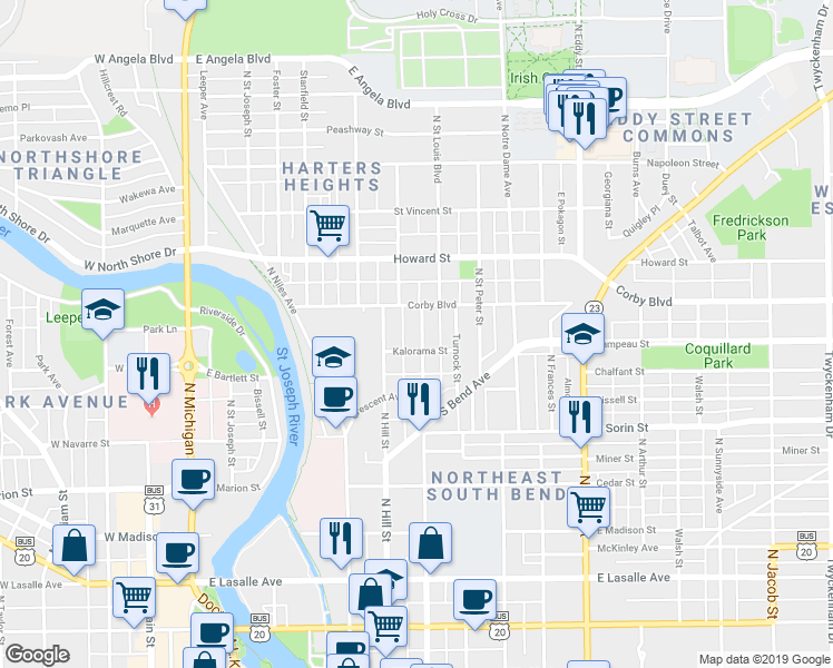map of restaurants, bars, coffee shops, grocery stores, and more near 815 North Saint Louis Boulevard in South Bend