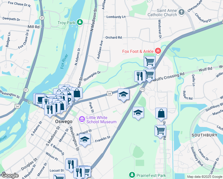map of restaurants, bars, coffee shops, grocery stores, and more near 314 Chicago Road in Oswego