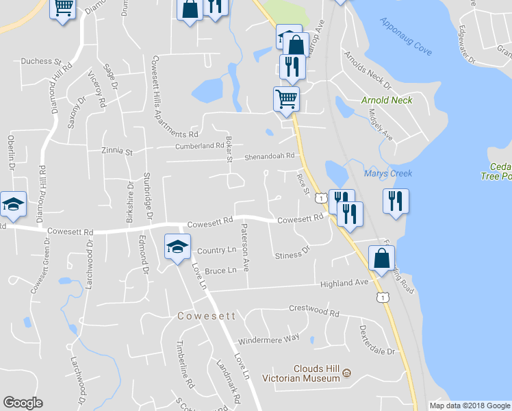 map of restaurants, bars, coffee shops, grocery stores, and more near 4 Tivoli Court in Warwick