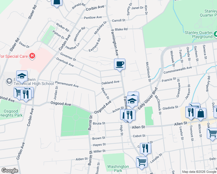map of restaurants, bars, coffee shops, grocery stores, and more near 55 Richmond Avenue in New Britain