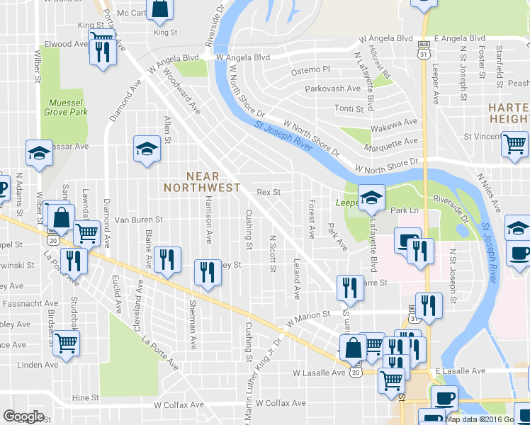 map of restaurants, bars, coffee shops, grocery stores, and more near 804 Portage Avenue in South Bend