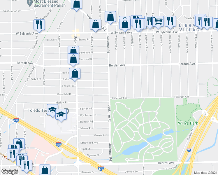 map of restaurants, bars, coffee shops, grocery stores, and more near 1182 Loxley Road in Toledo