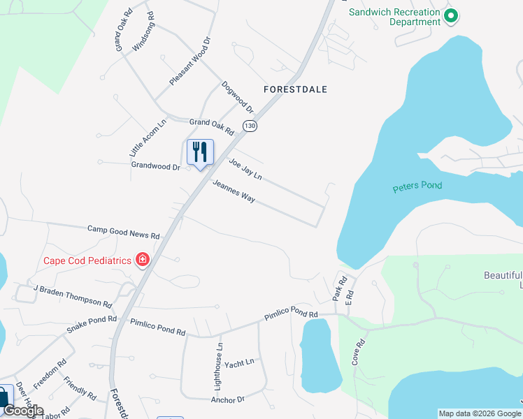 map of restaurants, bars, coffee shops, grocery stores, and more near 16 Jeannes Way in Sandwich